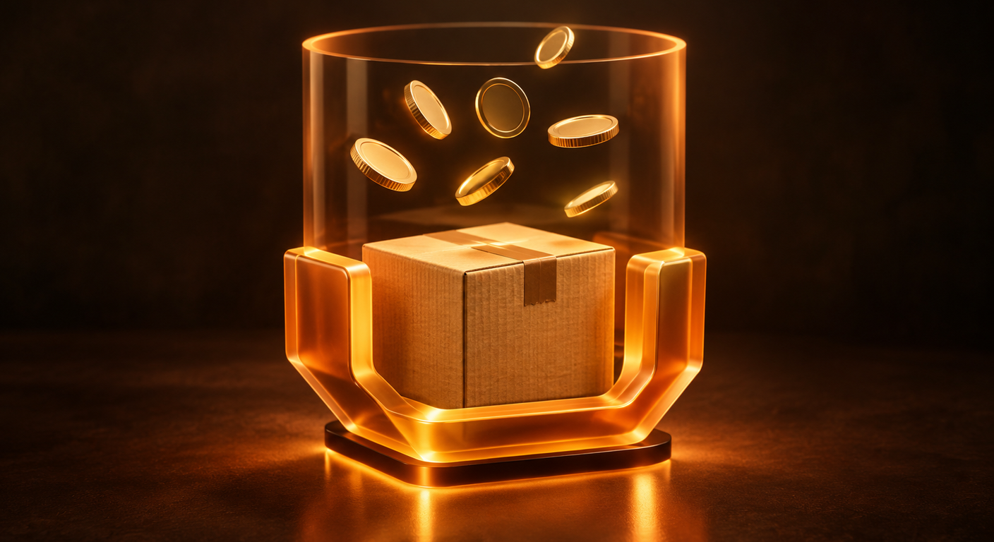 A cardboard parcel held inside a glowing amber bracket with gold coins suspended above it behind a translucent barrier, illustrating an Etsy payment reserve holding funds back on a shipped order