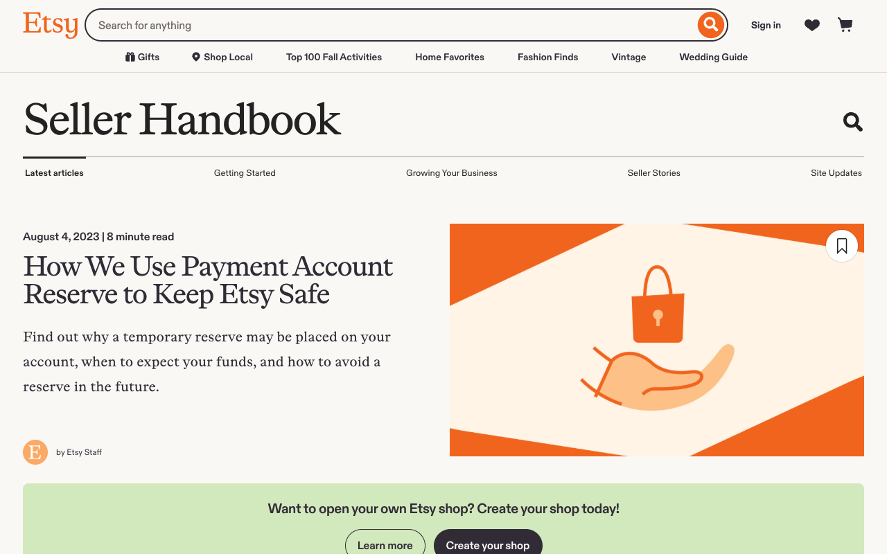 Etsy Seller Handbook article titled How We Use Payment Account Reserve to Keep Etsy Safe, the published policy behind the reserve