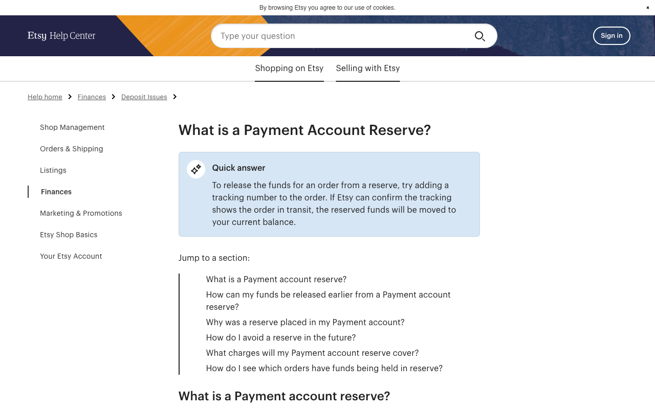 Etsy Help Center page titled What is a Payment Account Reserve, whose quick answer states that adding a tracking number releases reserved funds once Etsy can confirm the order is in transit