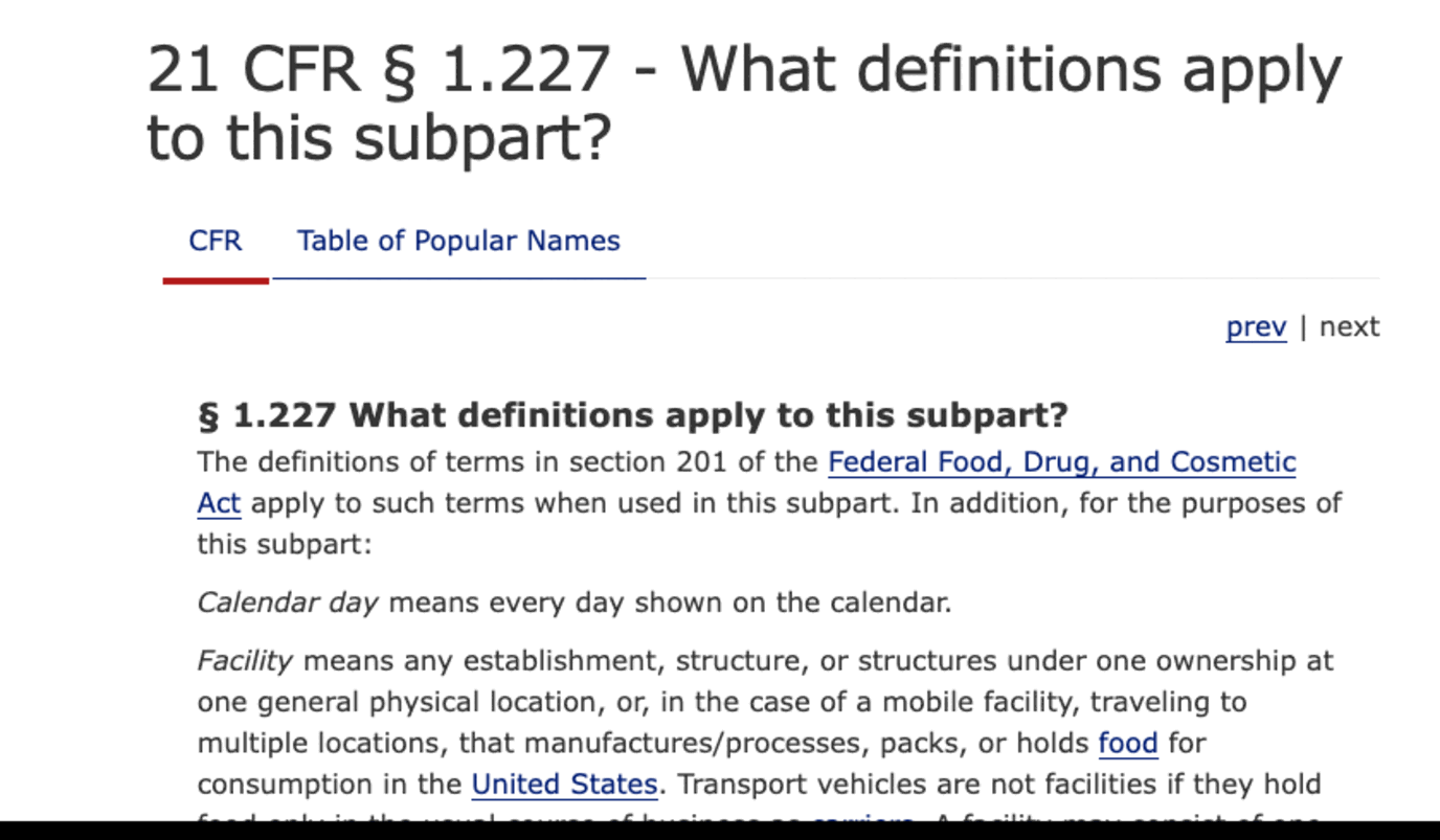 Screenshot of the Cornell Legal Information Institute page for 21 CFR section 1.227, What definitions apply to this subpart, showing the definition of Facility for the food facility registration subpart