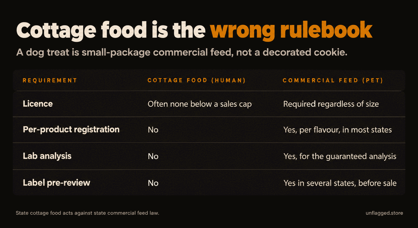 Dark amber table headed Cottage food is the wrong rulebook, comparing cottage food for humans against small-package commercial feed for pets: licence often none below a sales cap against required regardless of size, per-product registration no against yes per flavour in most states, lab analysis no against yes for the guaranteed analysis, and label pre-review no against yes in several states before sale
