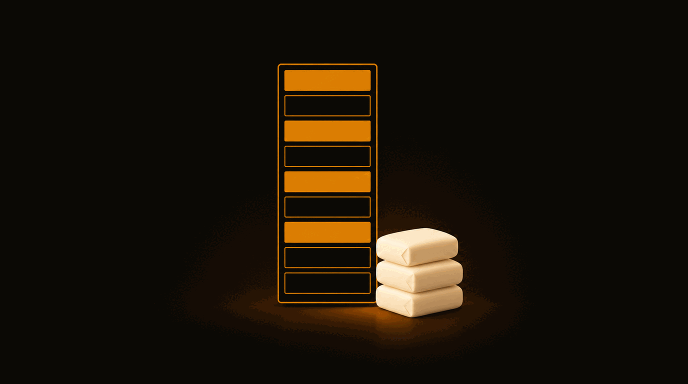 Editorial illustration: a tall product label drawn in glowing amber outline and divided into nine stacked fields, four filled solid and five left empty, standing beside a small stack of plain unmarked wrapped treats on a warm near-black field