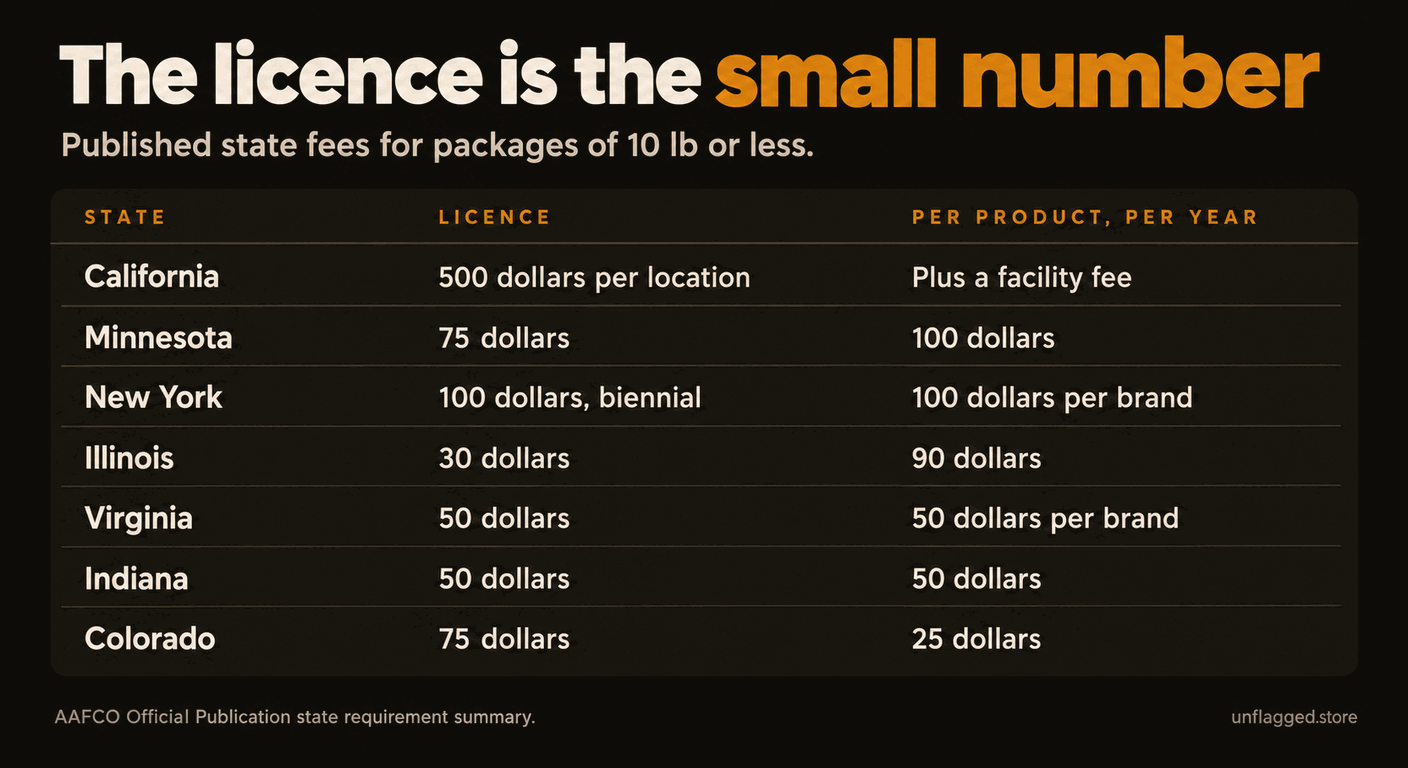 Dark amber table of published state fees for packages of 10 lb or less: California 500 dollars per location plus a facility fee, Minnesota 75 dollars and 100 dollars per product, New York 100 dollars biennial and 100 dollars per brand, Illinois 30 dollars and 90 dollars, Virginia 50 dollars and 50 dollars per brand, Indiana 50 dollars and 50 dollars, Colorado 75 dollars and 25 dollars