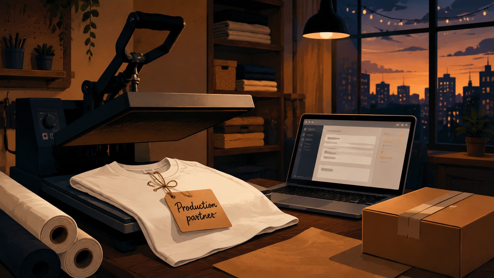 Editorial illustration of a small print-on-demand workshop at dusk: a heat press holding a plain T-shirt with a kraft paper tag reading Production partner, a laptop showing a shop settings form, rolls of blank fabric and a shipping box