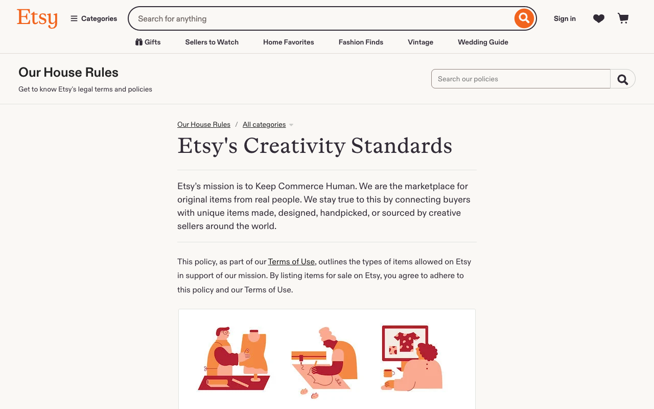 Screenshot of Etsy's Creativity Standards page in Our House Rules, stating that Etsy connects buyers with unique items made, designed, handpicked or sourced by creative sellers