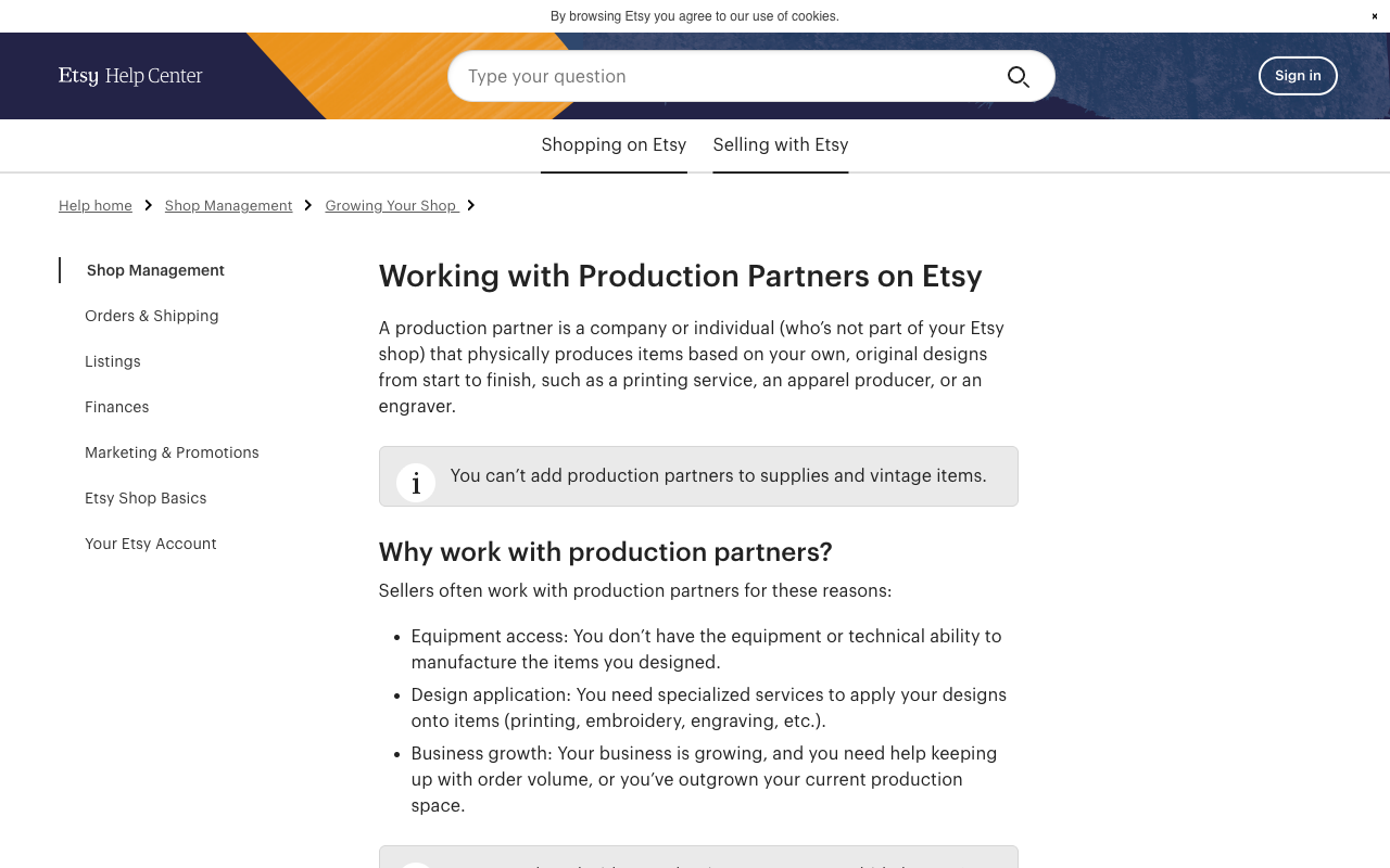 Screenshot of the Etsy Help Center article Working with Production Partners on Etsy, defining a production partner as a company or individual not part of your Etsy shop that physically produces items based on your own original designs from start to finish, such as a printing service, an apparel producer or an engraver