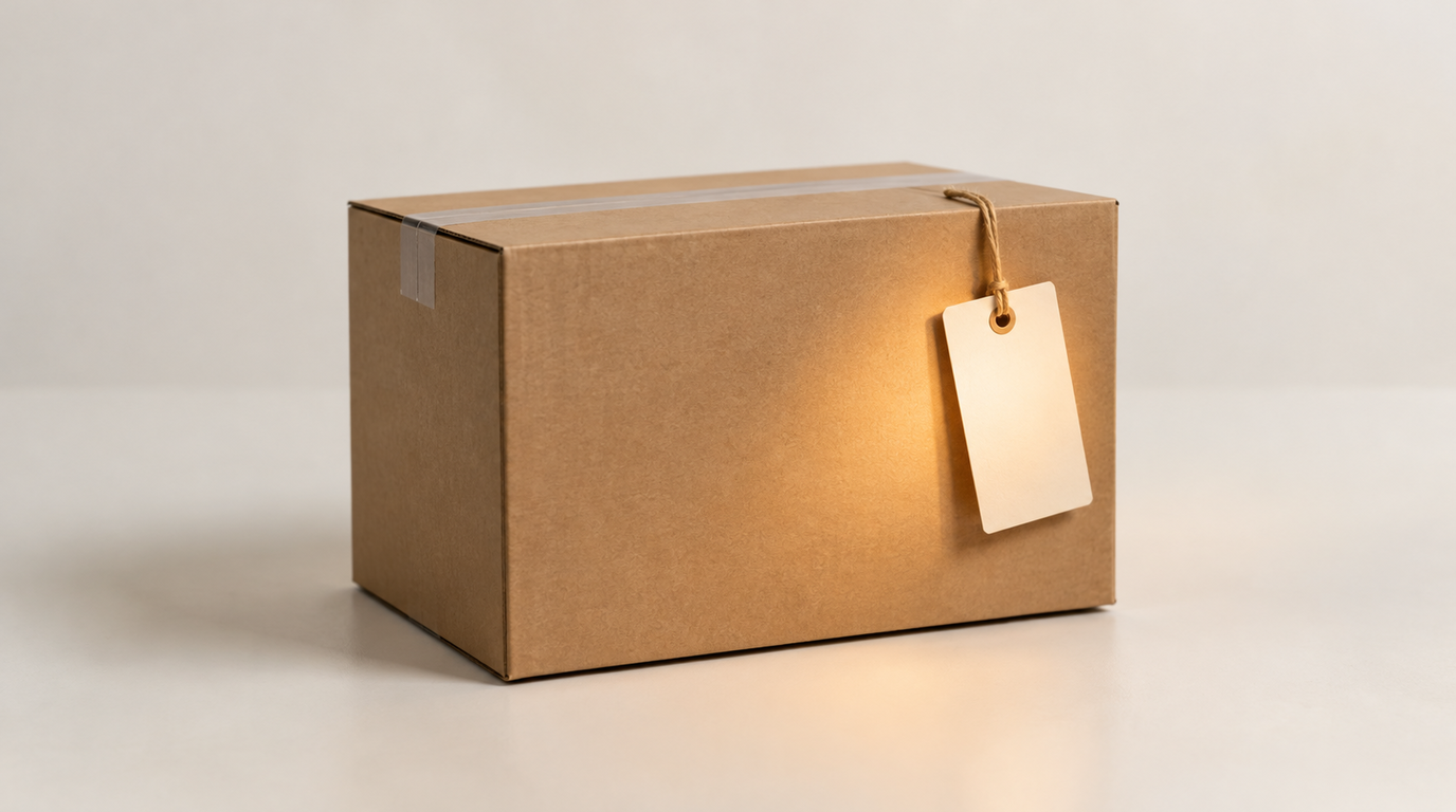 Plain unbranded cardboard shipping box on a pale surface with a small blank paper tag tied to its side by a string, the empty label lit by a soft amber spotlight