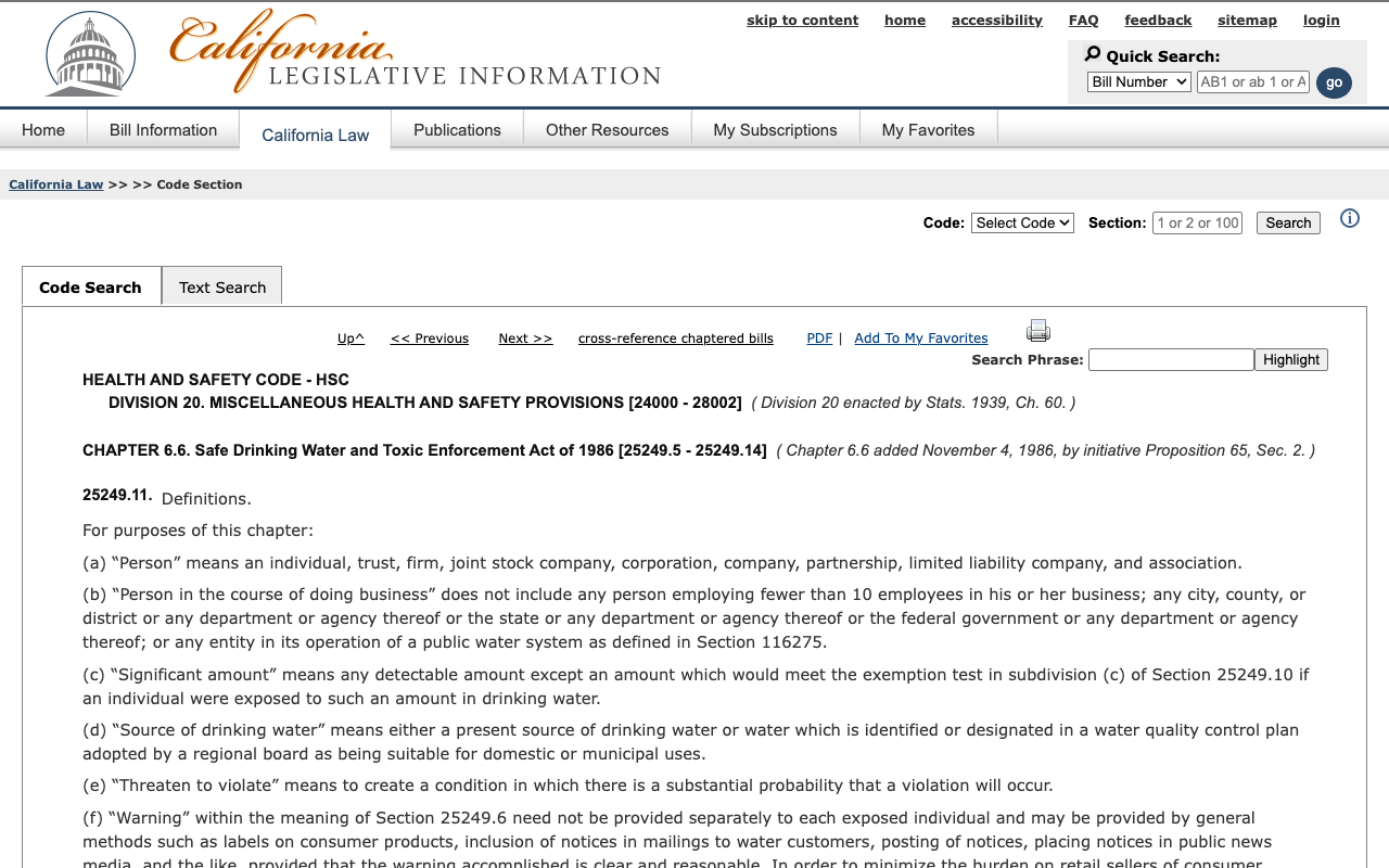 Screenshot of California Legislative Information showing Health and Safety Code section 25249.11, Definitions, with subdivision (b) reading that person in the course of doing business does not include any person employing fewer than 10 employees in his or her business, nor any city, county or district, nor the state or federal government, nor a public water system