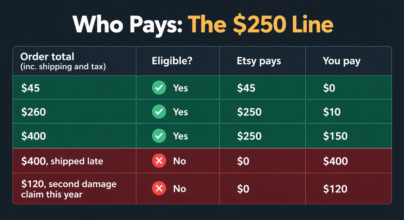 Table working the $250 cap through five orders: a $45 order is eligible and Etsy pays all $45; a $260 order is eligible, Etsy pays $250 and the seller pays $10; a $400 order is eligible, Etsy pays $250 and the seller pays $150; a $400 order shipped late is not eligible so the seller pays all $400; and a $120 order that is a second damage claim in the same year is not eligible so the seller pays all $120