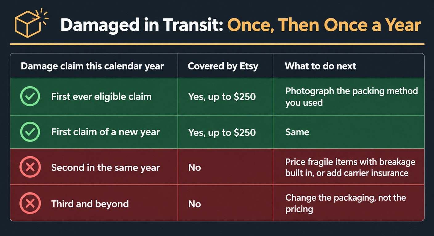 Table of Etsy damage cover by claim number in a calendar year: the first ever eligible claim is covered up to $250, the first claim of a new year is covered up to $250, a second claim in the same year is not covered and the seller should price breakage in or add carrier insurance, and a third or later claim is not covered and the packaging should change
