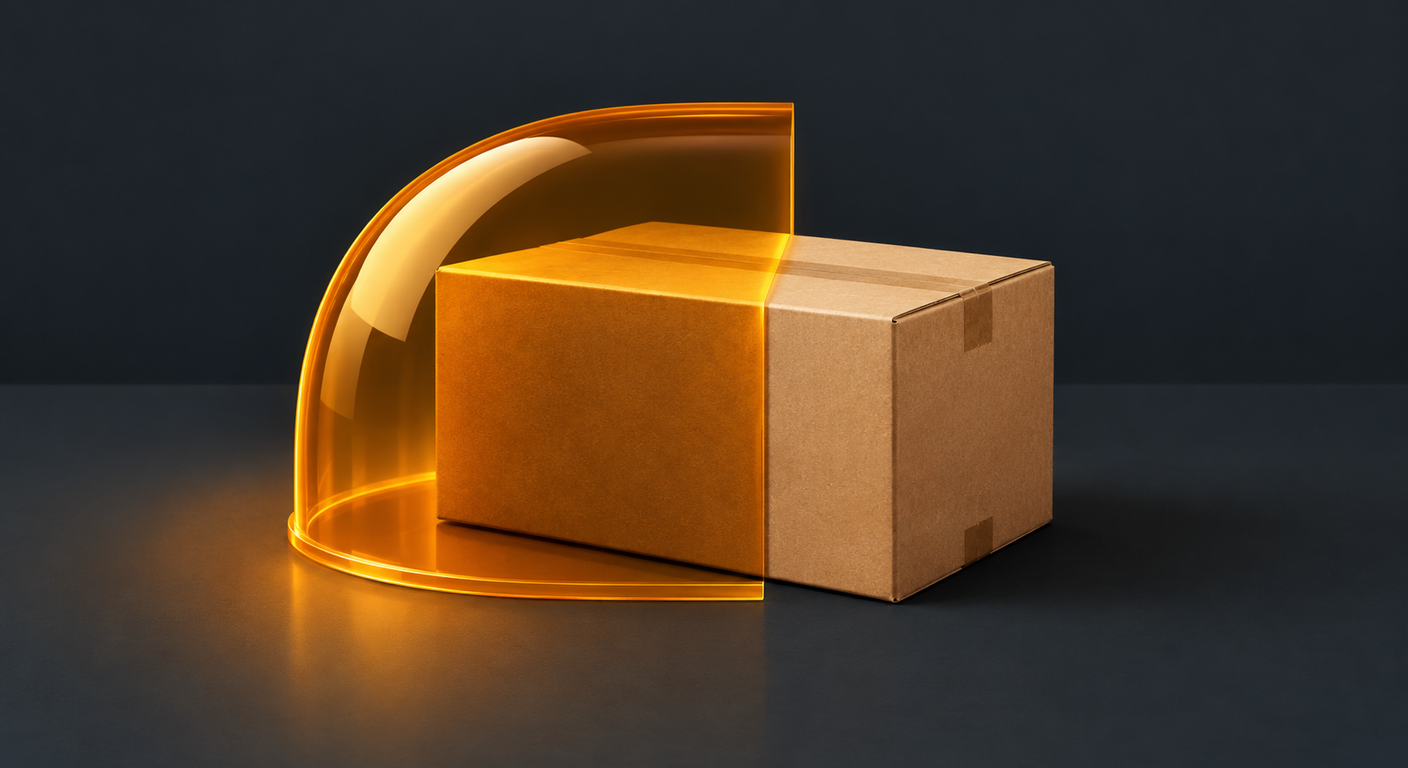 Editorial illustration of a cardboard parcel on a dark slate surface, half enclosed by a translucent amber protective dome that stops abruptly and leaves the rest of the box exposed