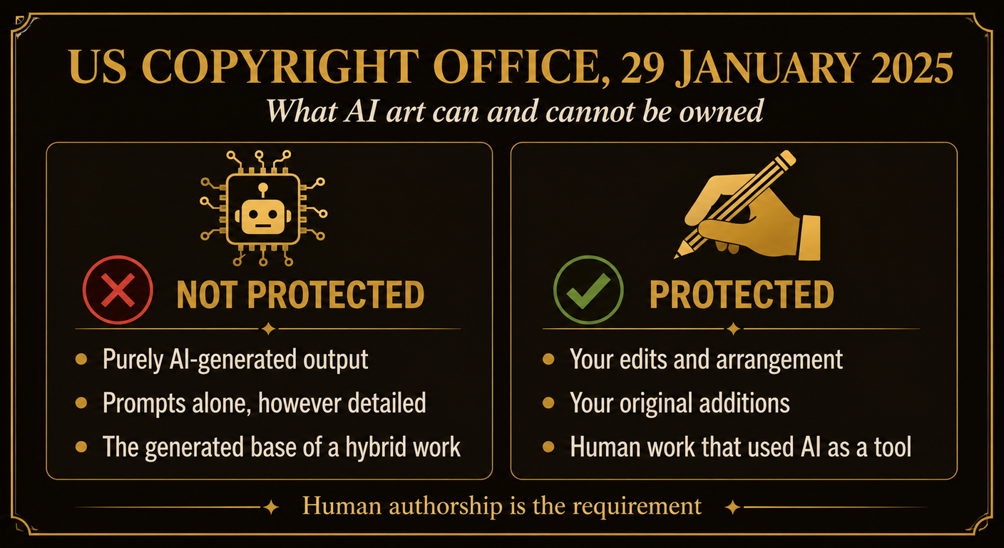 Infographic of the US Copyright Office position of 29 January 2025: not protected are purely AI-generated output, prompts alone however detailed, and the generated base of a hybrid work; protected are your edits and arrangement, your original additions, and human work that used AI as a tool. Human authorship is the requirement.