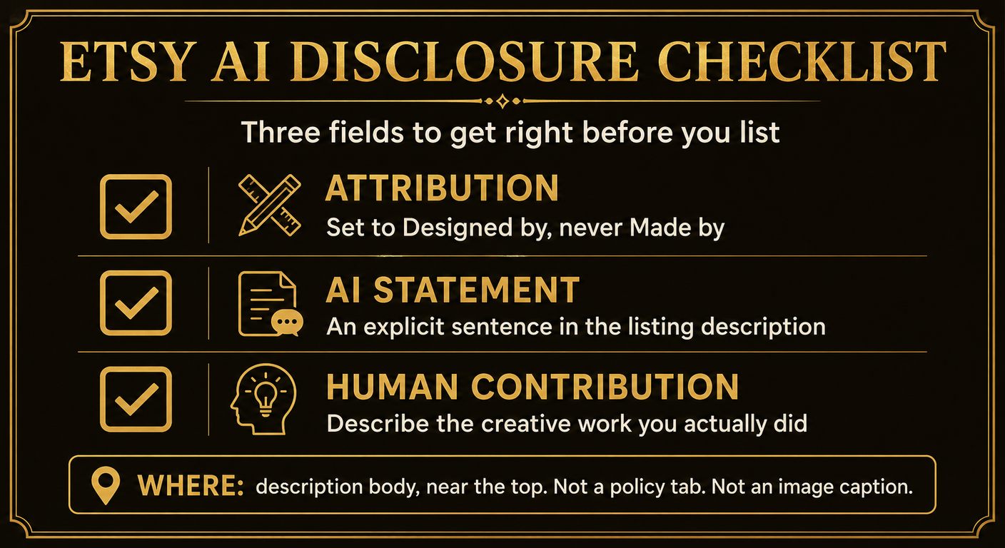 Etsy AI disclosure checklist infographic with three items: attribution set to Designed by never Made by, an explicit AI statement in the listing description, and a described human contribution; plus where to place it: in the description body near the top, not a policy tab or image caption