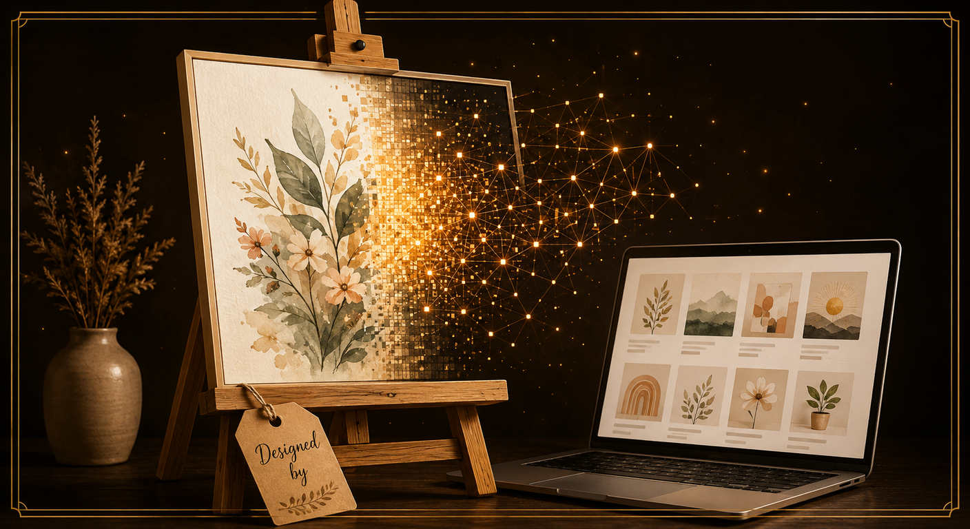 Editorial illustration of a framed botanical print on an easel dissolving into glowing golden pixels and network nodes, with a kraft tag reading Designed by and a laptop showing an online shop listing grid — selling AI art on Etsy