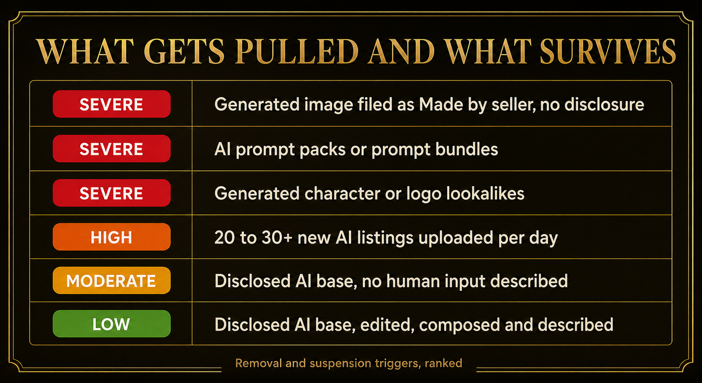 Infographic ranking six AI listing patterns by removal risk: severe for a generated image filed as Made by seller with no disclosure, AI prompt packs or bundles, and generated character or logo lookalikes; high for 20 to 30 plus new AI listings per day; moderate for a disclosed AI base with no human input described; low for a disclosed AI base that is edited, composed and described
