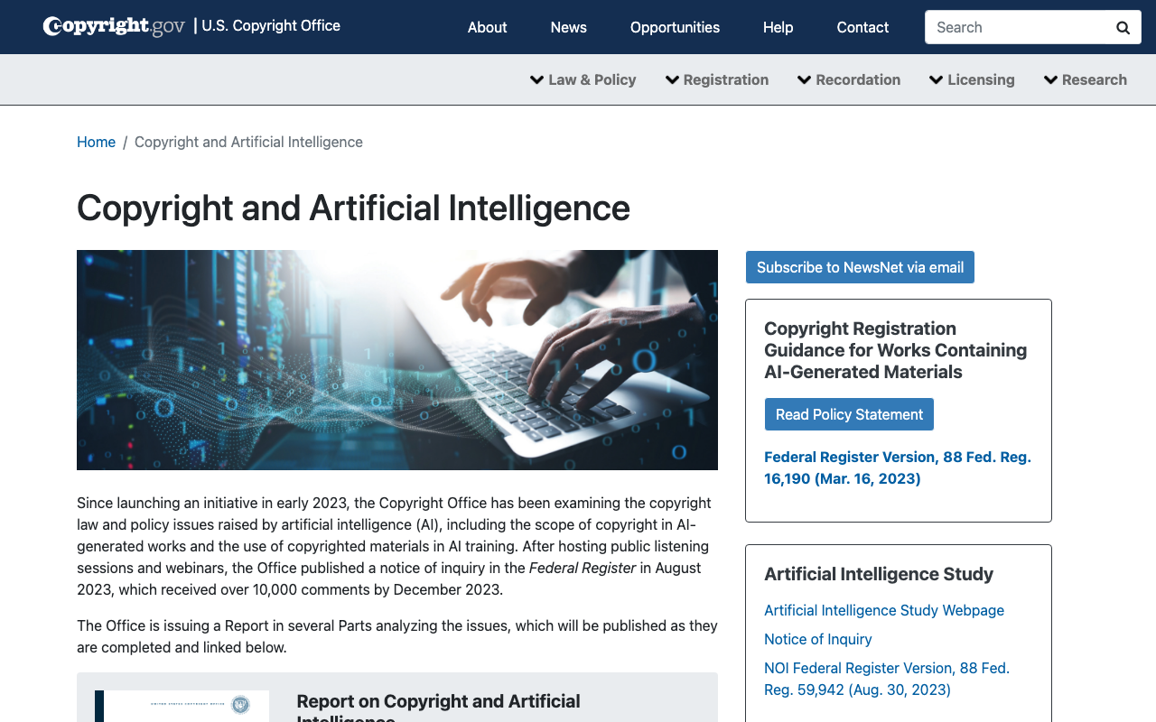 Screenshot of the US Copyright Office Copyright and Artificial Intelligence page on copyright.gov, listing the multi-part report and the registration guidance for works containing AI-generated material