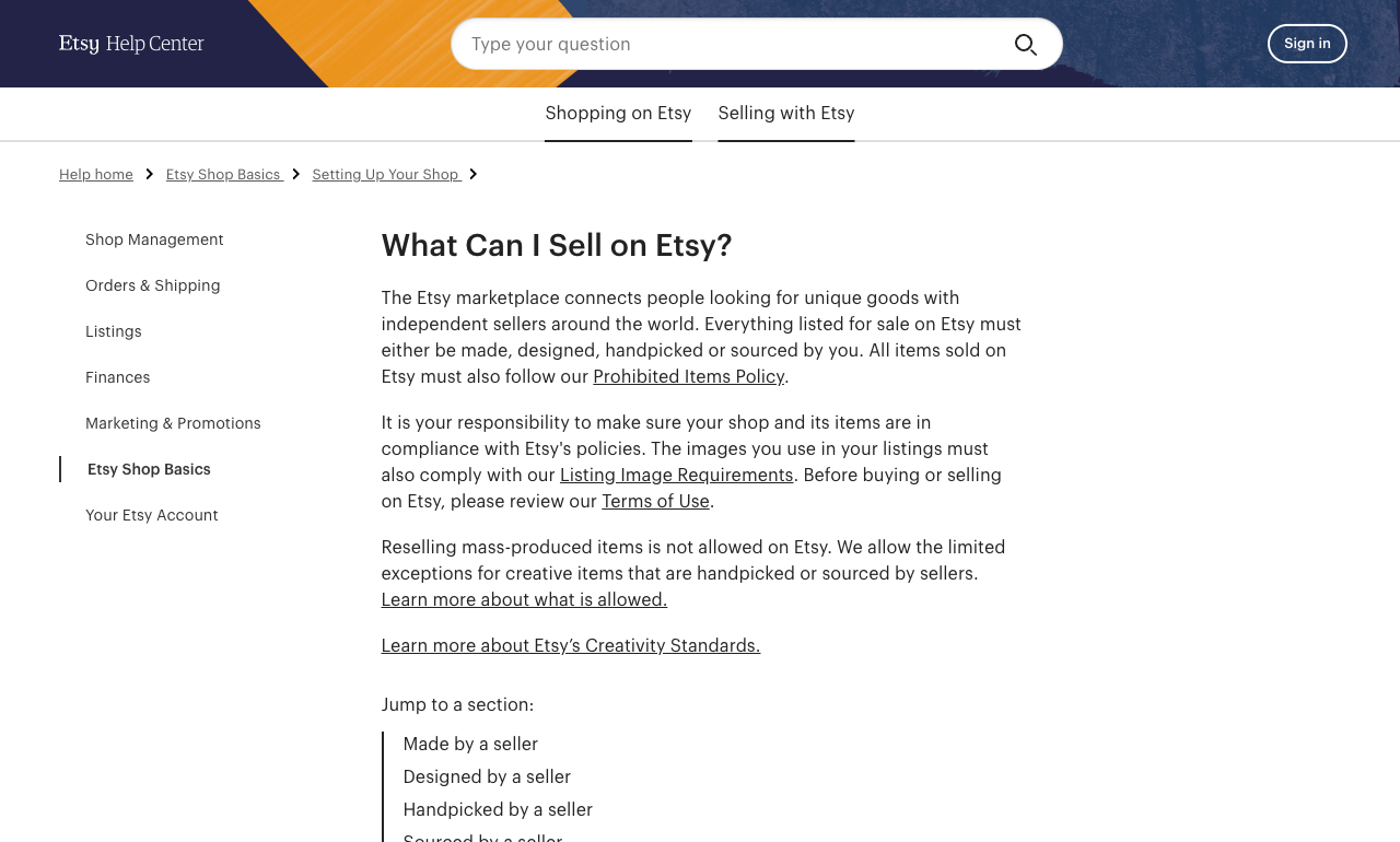 Screenshot of the Etsy Help Center article What Can I Sell on Etsy, stating that everything listed must be made, designed, handpicked or sourced by the seller, with sections for Made by a seller and Designed by a seller