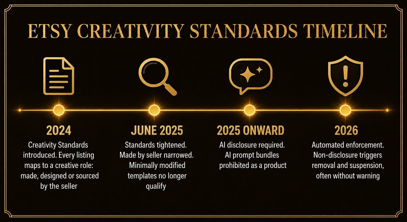 Timeline infographic of Etsy Creativity Standards: 2024 standards introduced with made, designed or sourced creative roles; June 2025 standards tightened and Made by seller narrowed; 2025 onward AI disclosure required and prompt bundles prohibited; 2026 automated enforcement with removals and suspensions often without warning